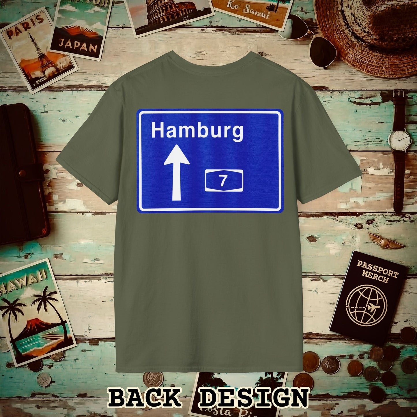 Signs of Wanderlust, Autobahn A7, Hamburg, Germany Back Print T-Shirt Military Green / S