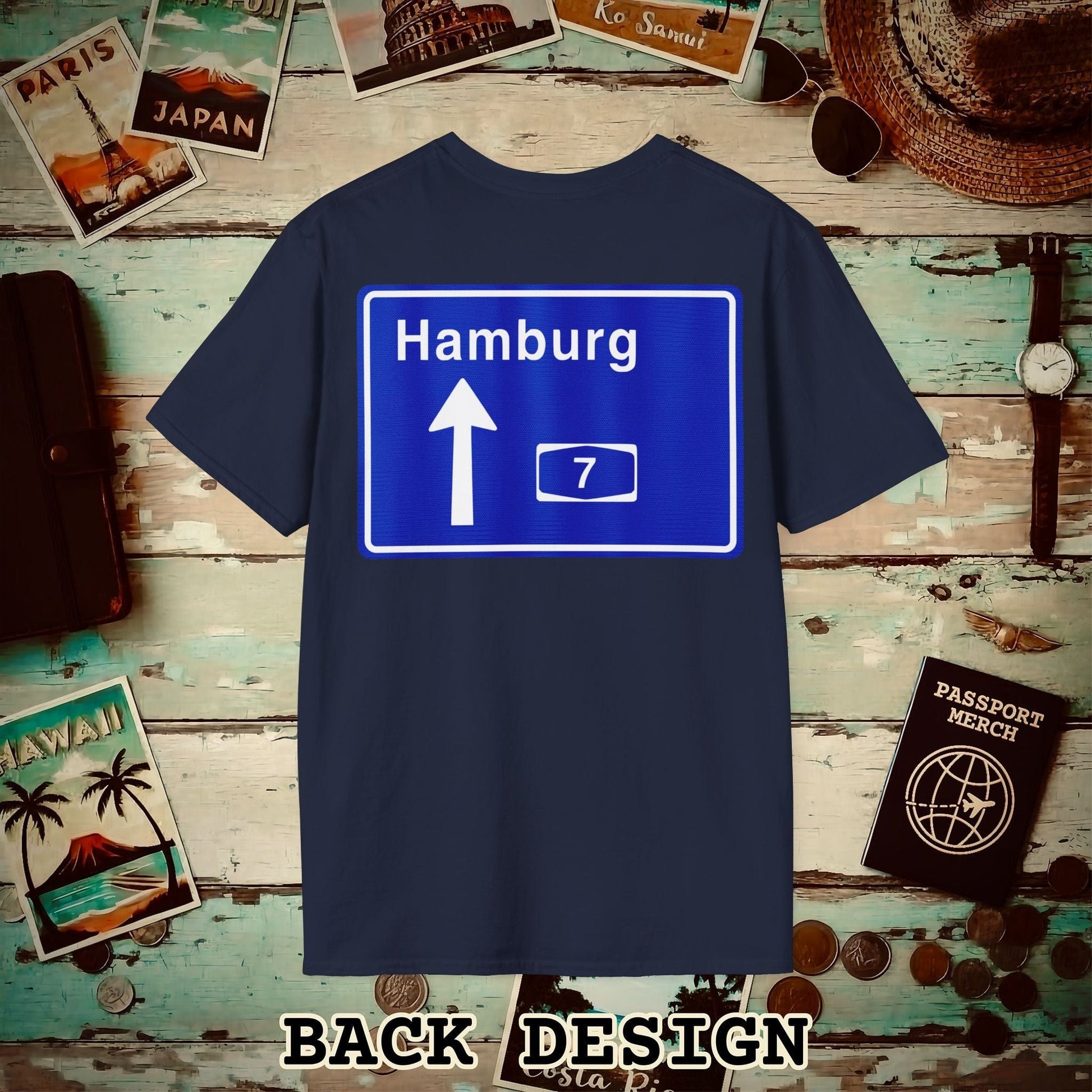 Signs of Wanderlust, Autobahn A7, Hamburg, Germany Back Print T-Shirt Navy / S
