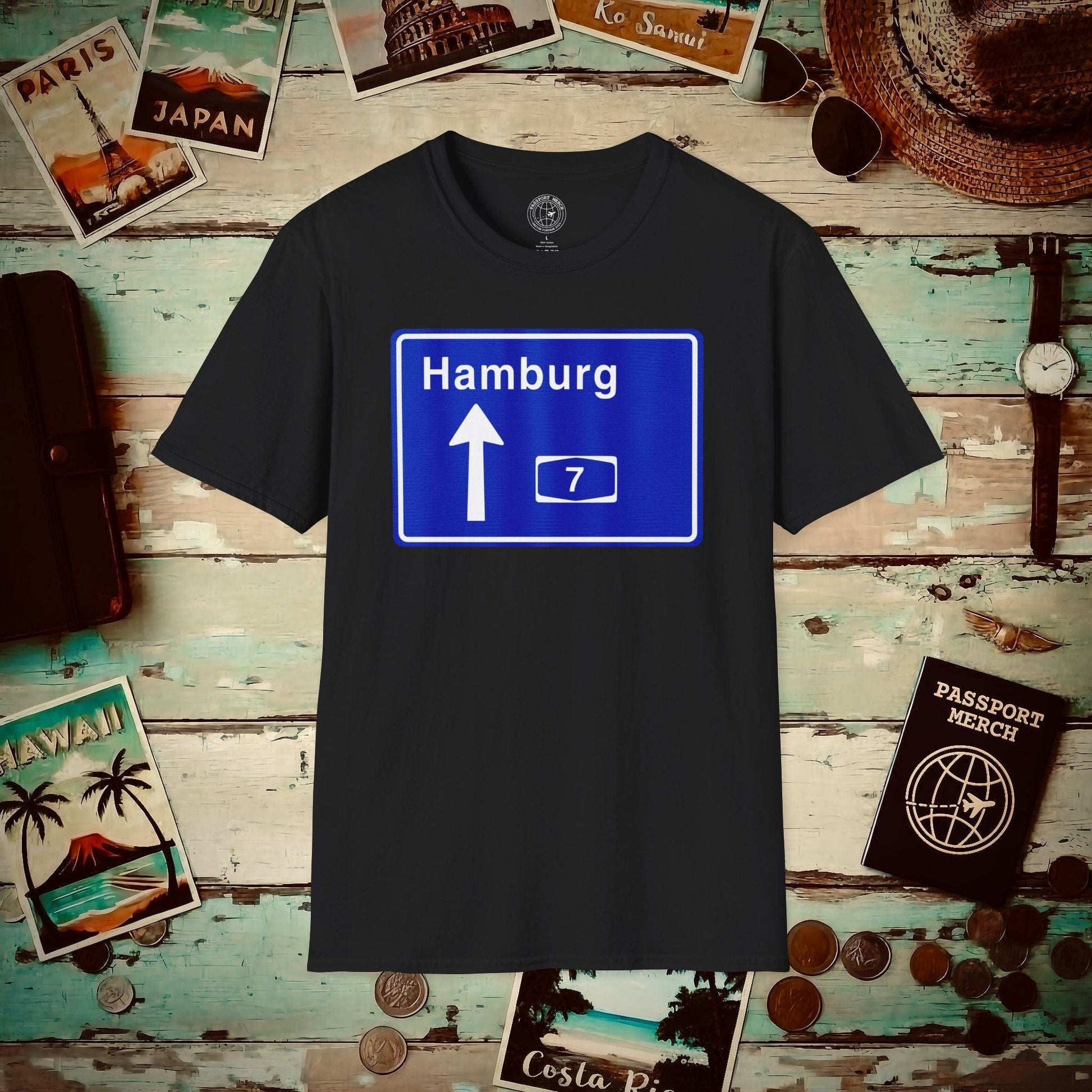 Signs of Wanderlust, Autobahn A7, Hamburg, Germany T-Shirt Black / S