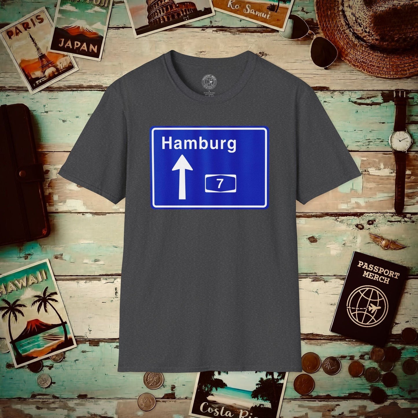 Signs of Wanderlust, Autobahn A7, Hamburg, Germany T-Shirt Dark Heather / S