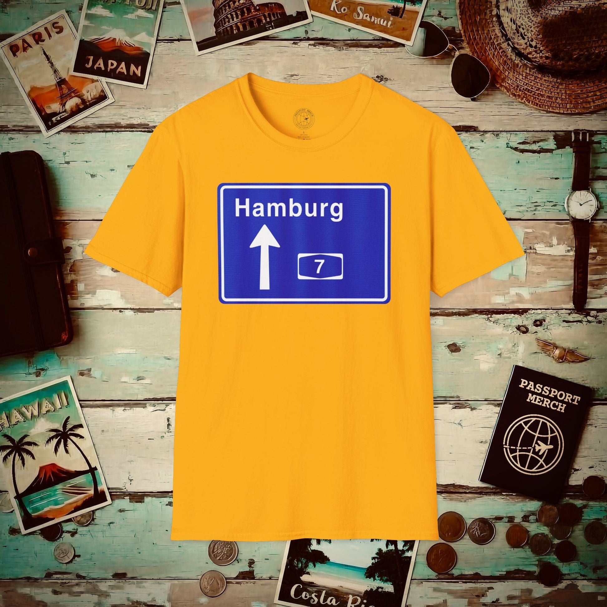 Signs of Wanderlust, Autobahn A7, Hamburg, Germany T-Shirt Gold / S