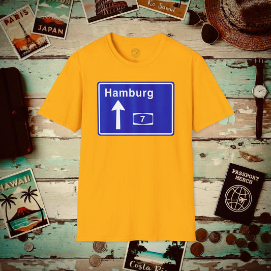 Signs of Wanderlust, Autobahn A7, Hamburg, Germany T-Shirt Gold / S