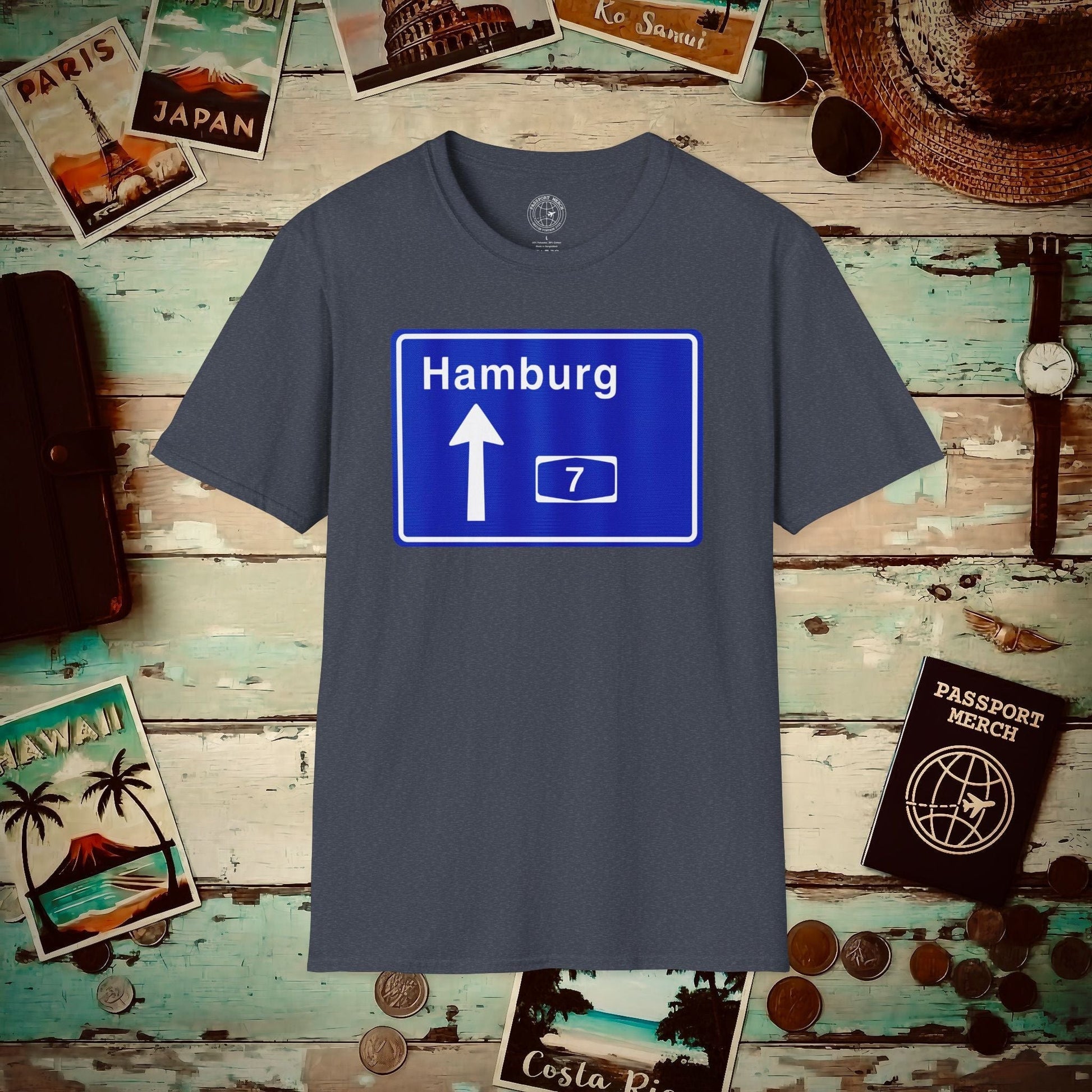 Signs of Wanderlust, Autobahn A7, Hamburg, Germany T-Shirt Heather Navy / S