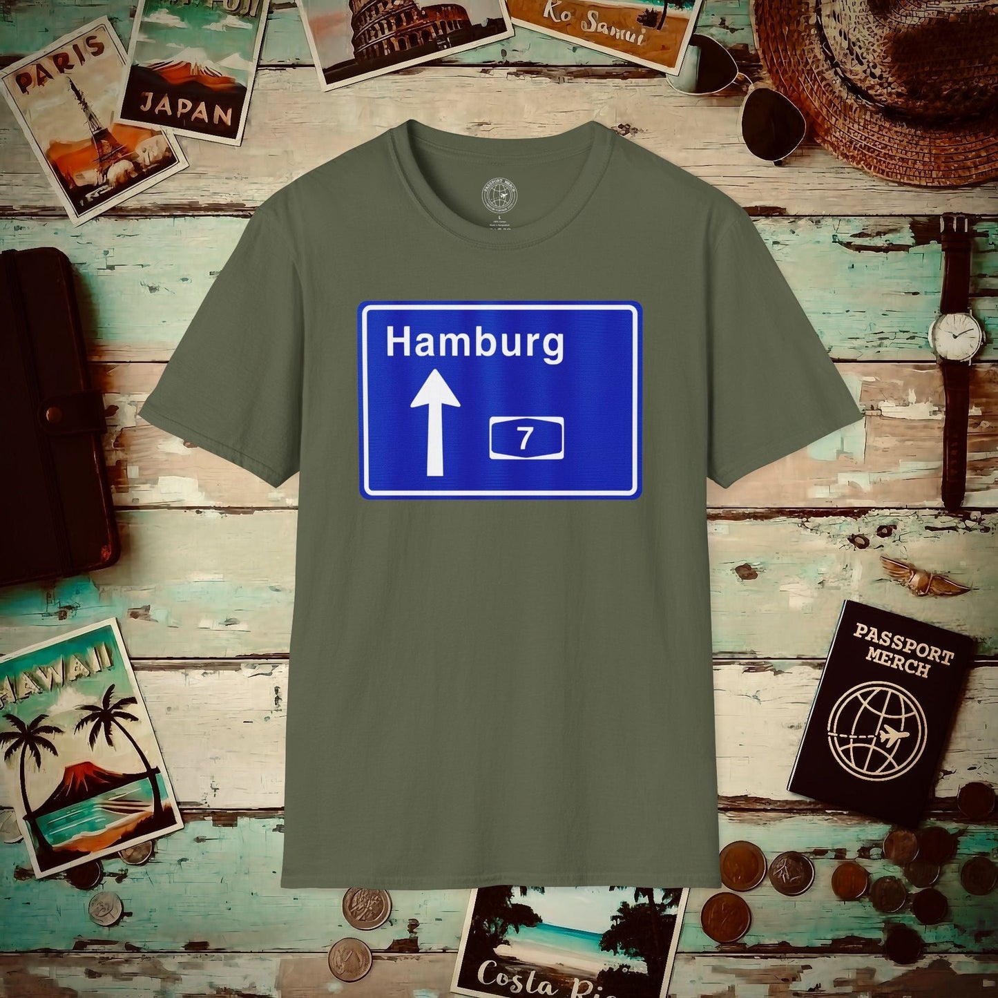 Signs of Wanderlust, Autobahn A7, Hamburg, Germany T-Shirt Military Green / S