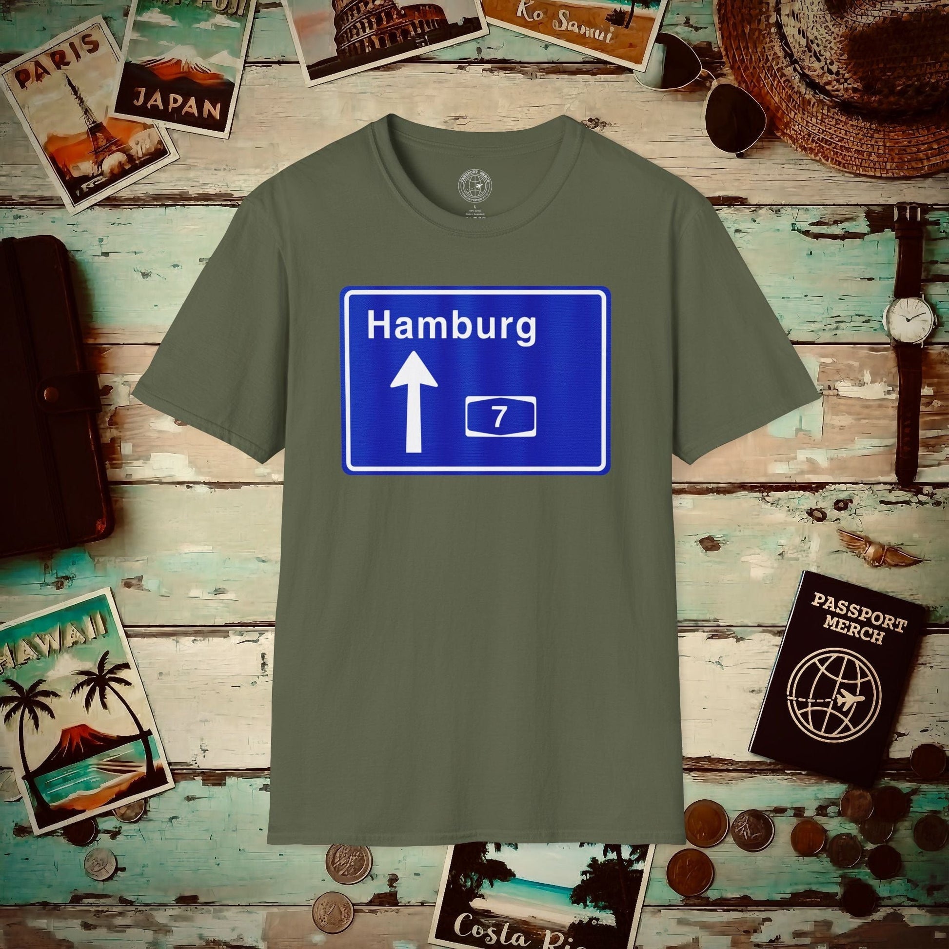 Signs of Wanderlust, Autobahn A7, Hamburg, Germany T-Shirt Military Green / S