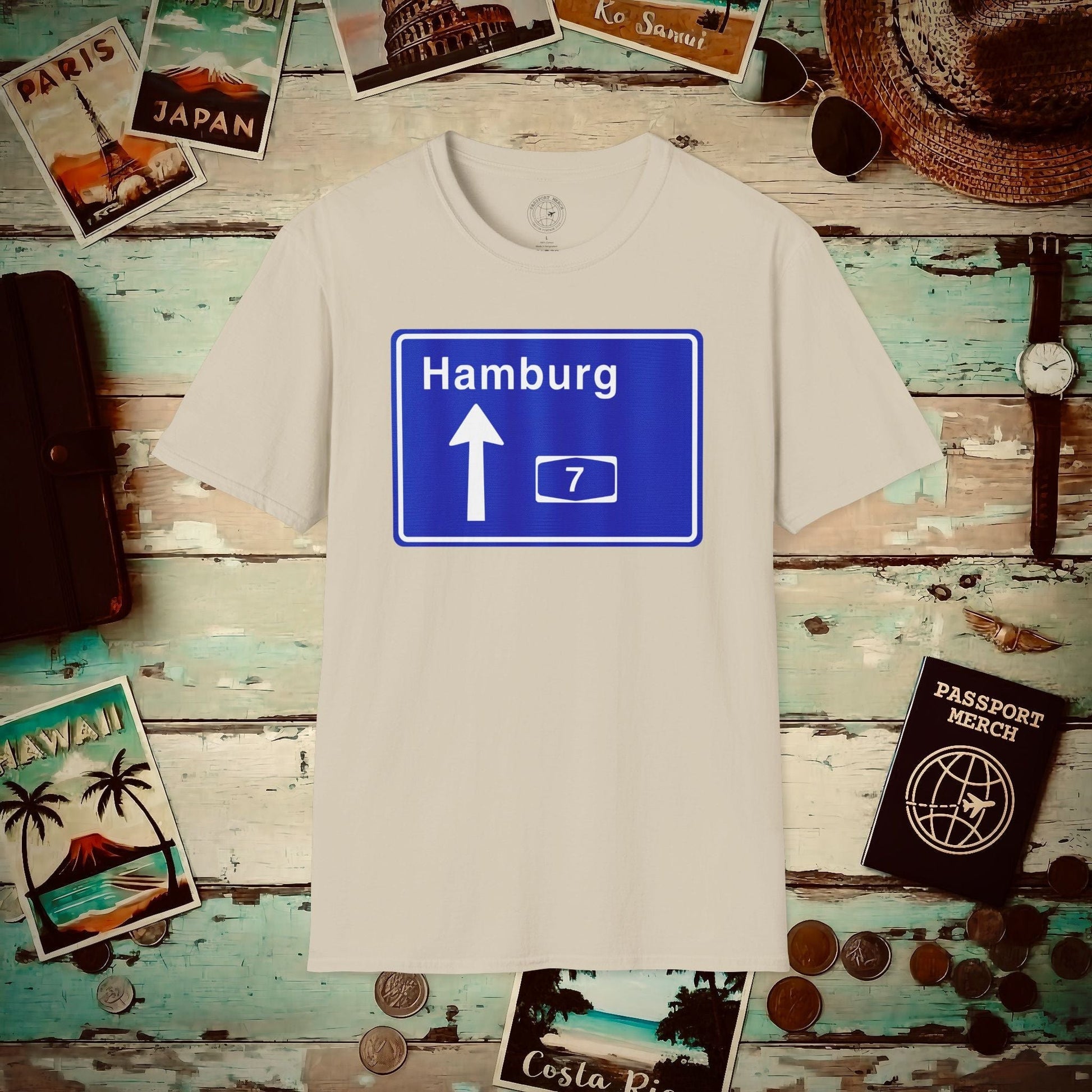 Signs of Wanderlust, Autobahn A7, Hamburg, Germany T-Shirt Sand / S