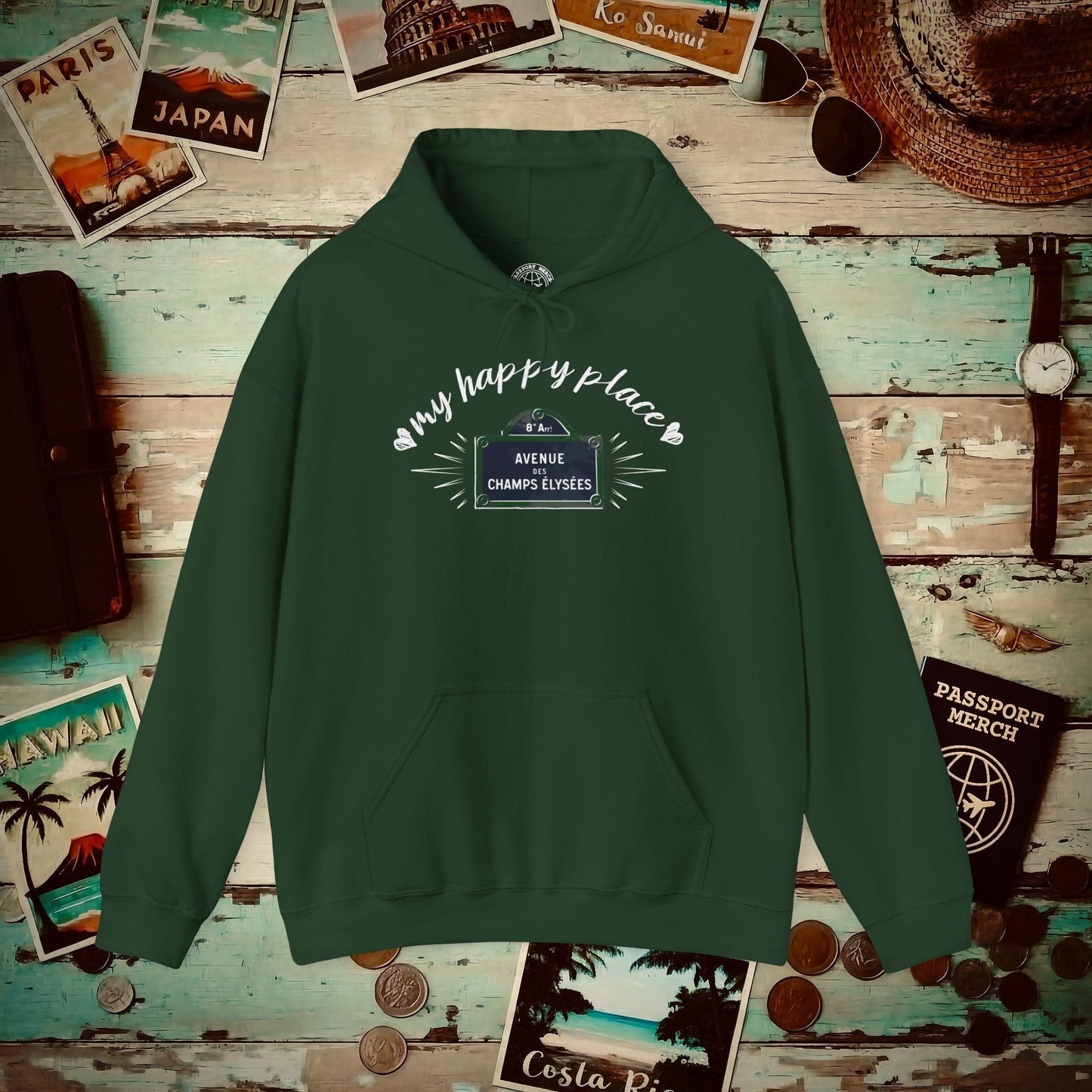 Signs of Wanderlust, Avenue des Champs-Élysées, Paris, France Hoodie Forest Green / S
