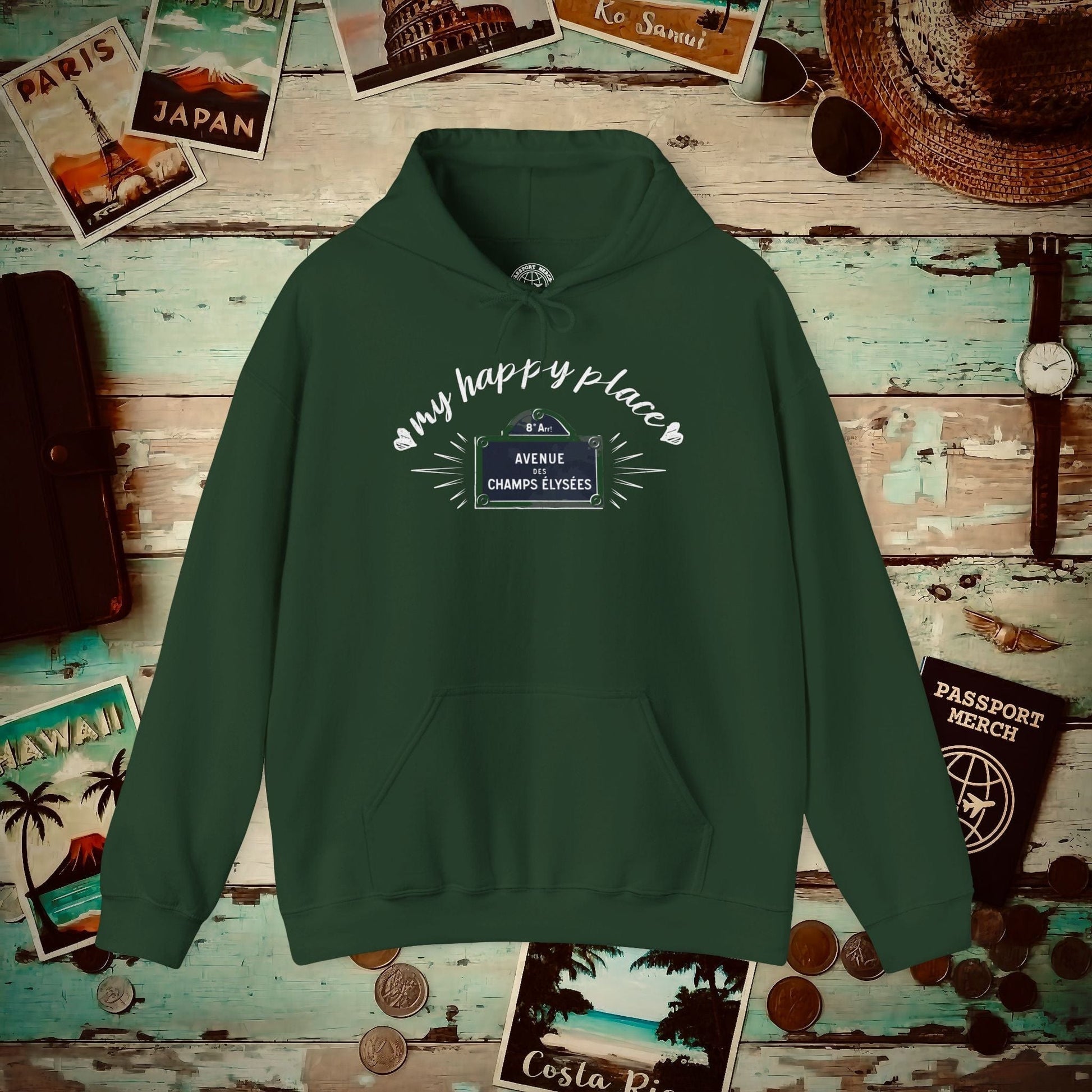 Signs of Wanderlust, Avenue des Champs-Élysées, Paris, France Hoodie Forest Green / S