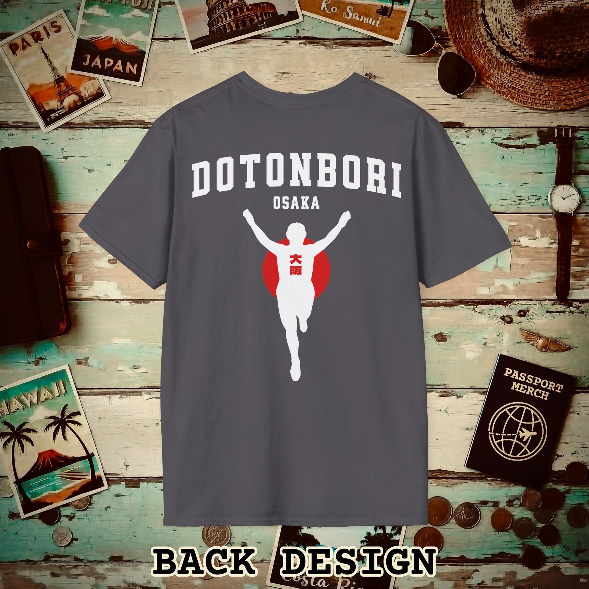 Signs of Wanderlust, Dotonbori, Osaka, Japan, Back Print T-Shirt Charcoal / S
