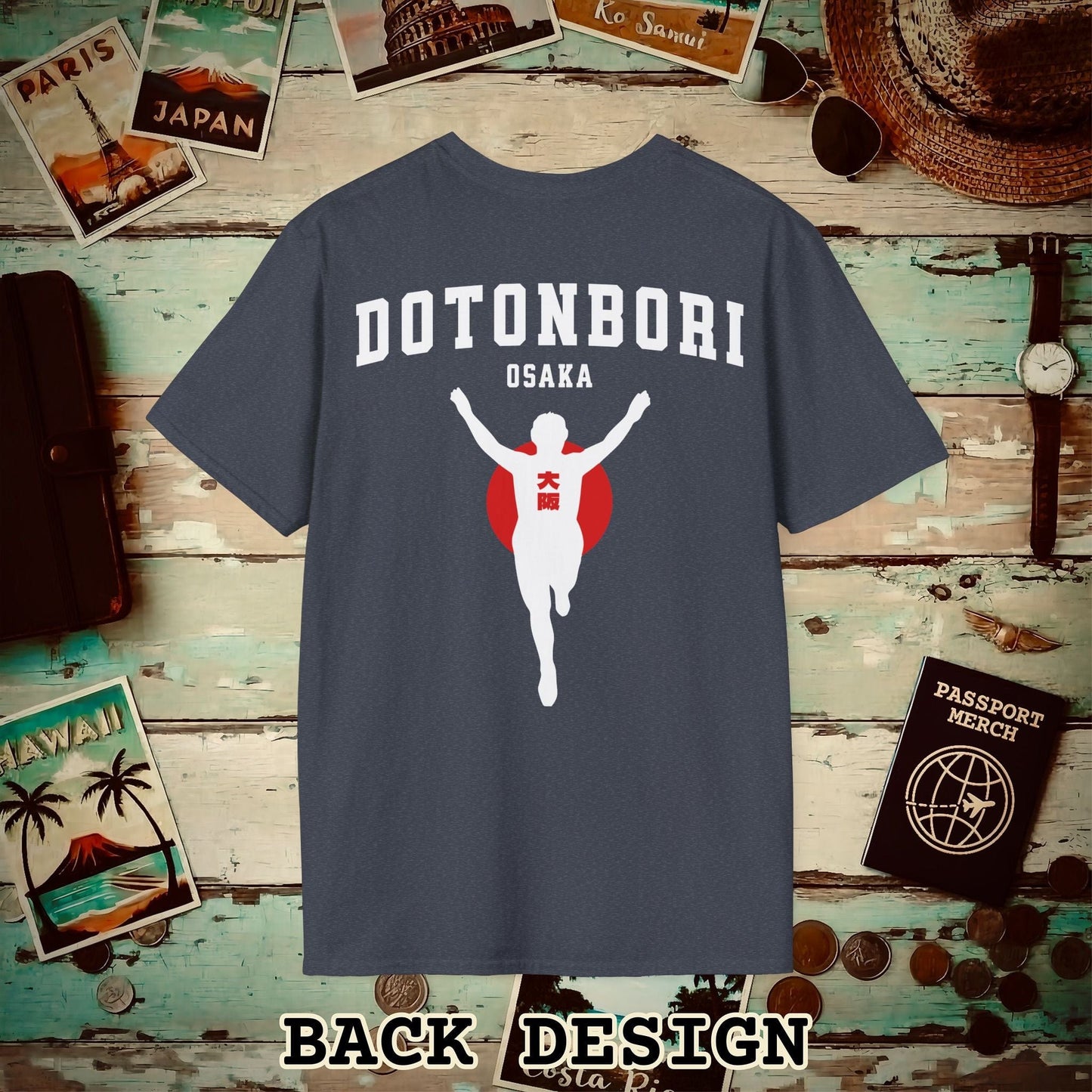 Signs of Wanderlust, Dotonbori, Osaka, Japan, Back Print T-Shirt Heather Navy / S