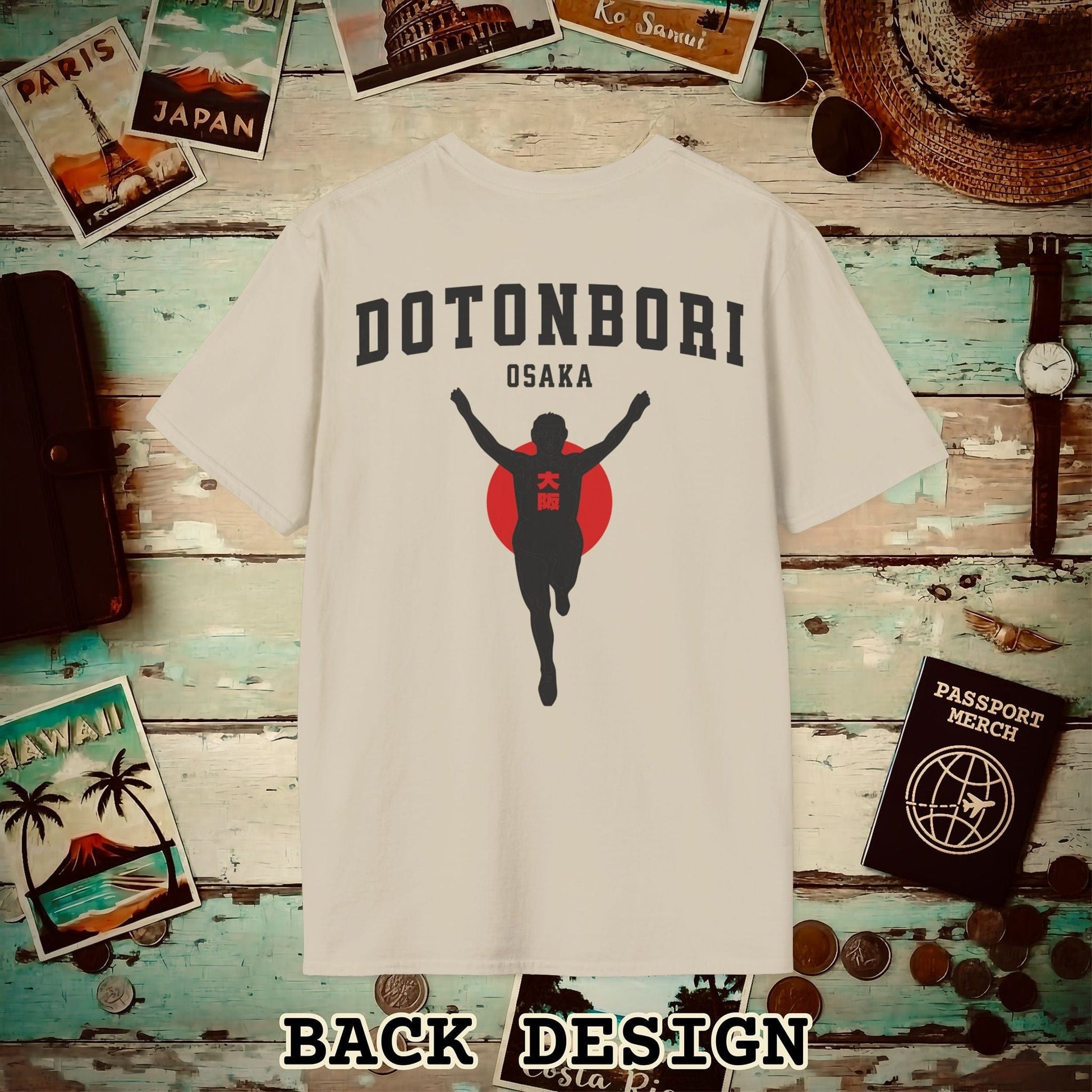 Signs of Wanderlust, Dotonbori, Osaka, Japan, Back Print T-Shirt Sand / S