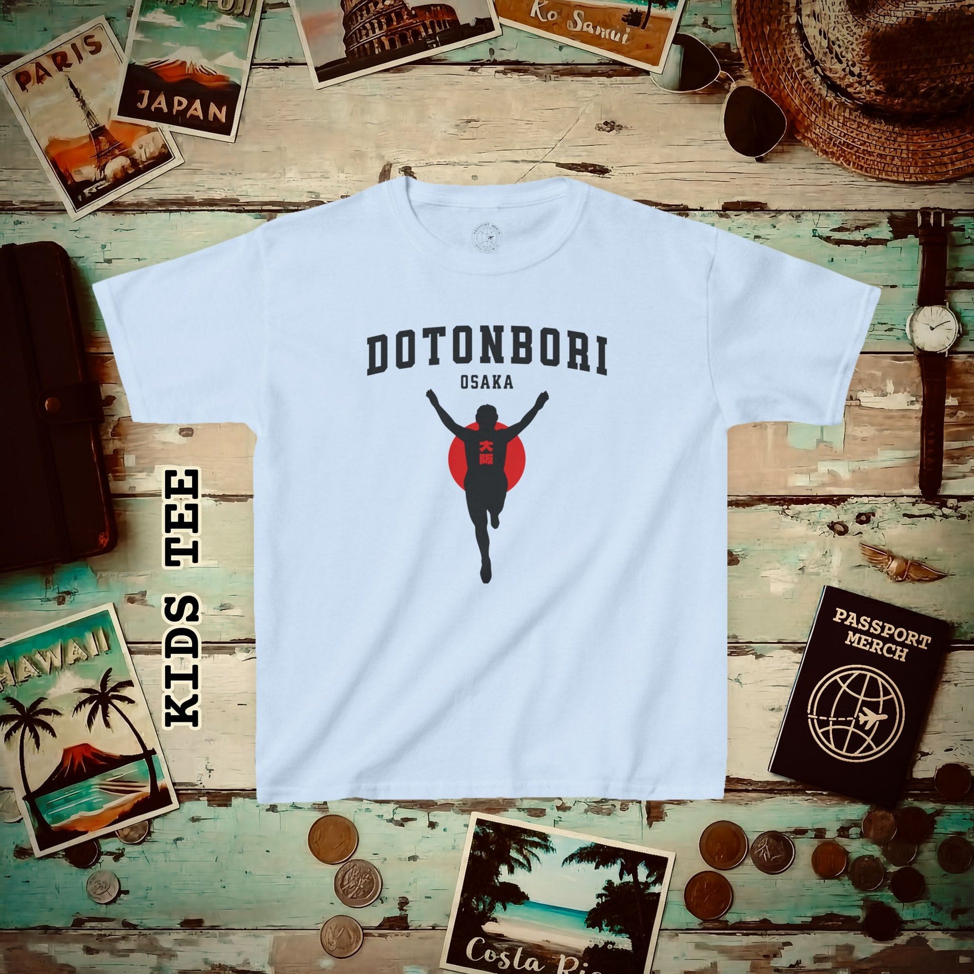 Signs of Wanderlust, Dotonbori, Osaka, Japan Kids Tee Light Blue / XS