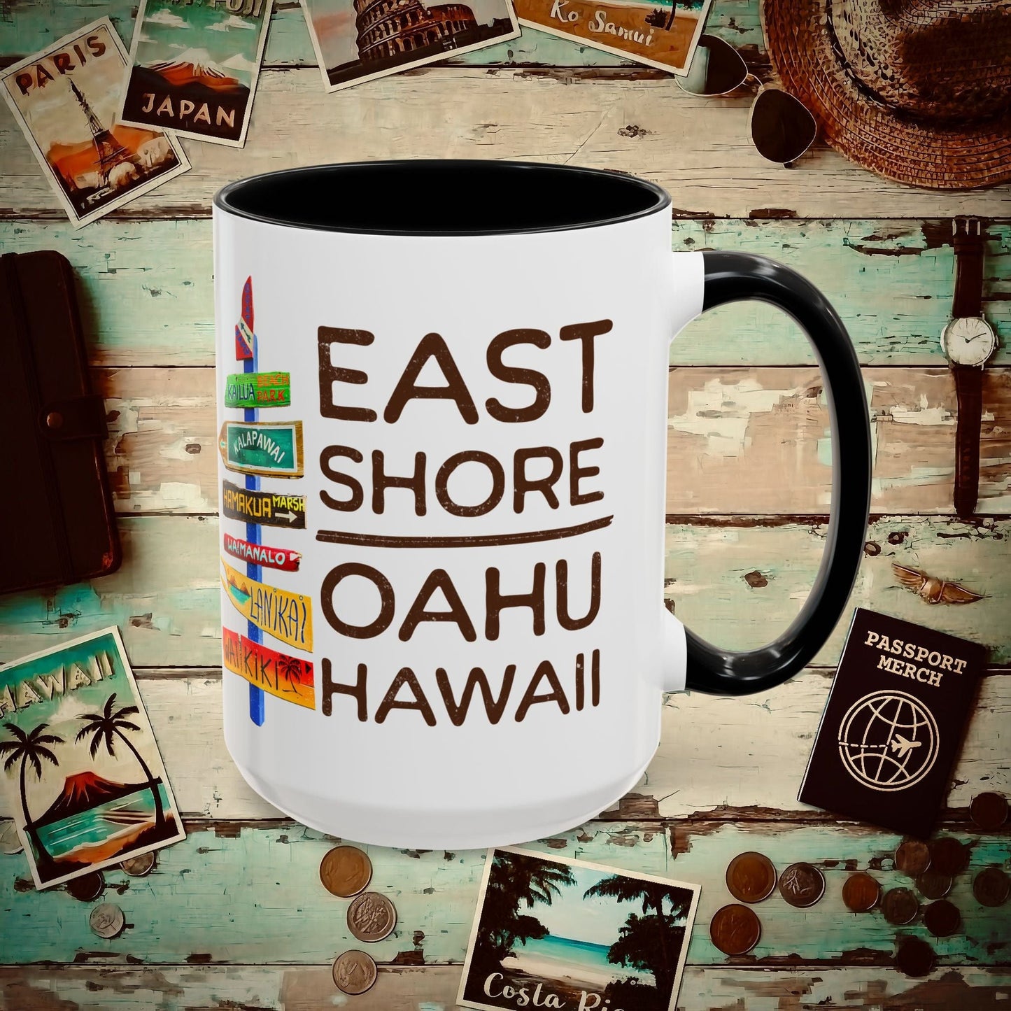 Signs of Wanderlust, East Shore, Oahu, Hawaii 15oz Mug Black / 15oz