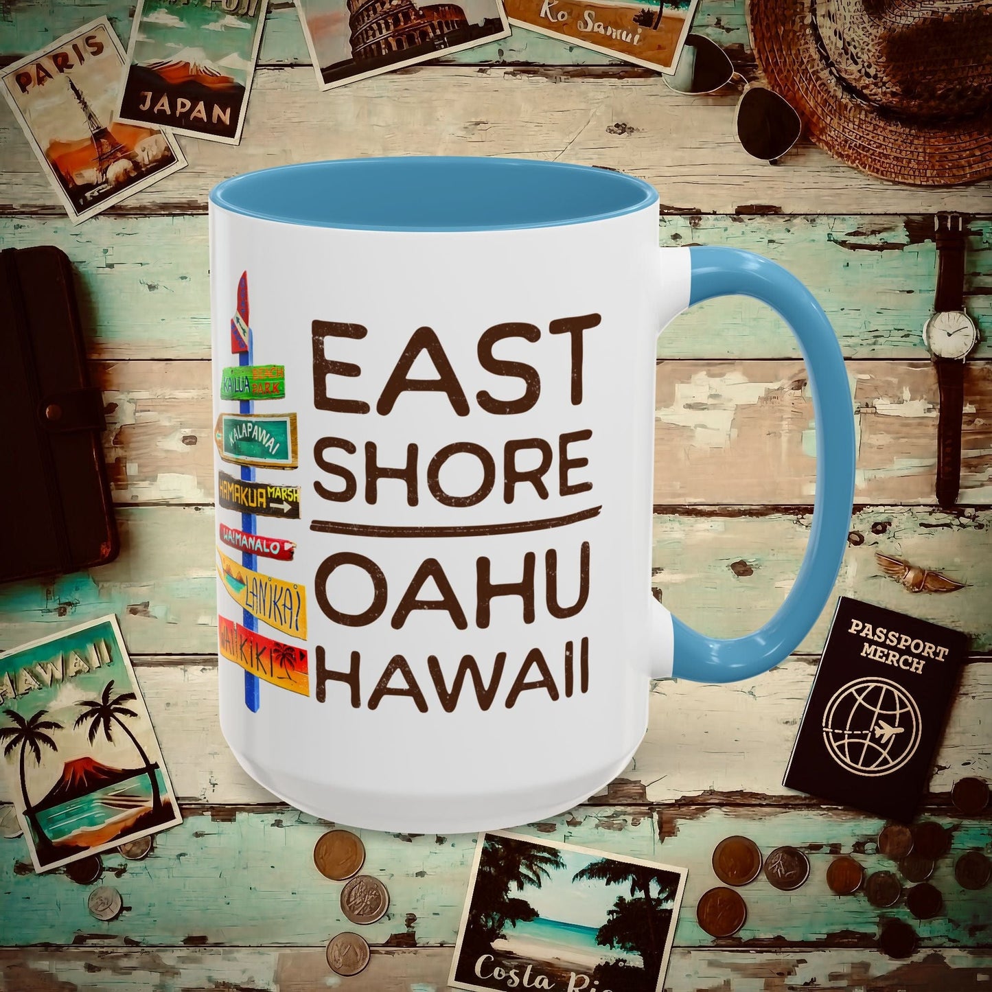 Signs of Wanderlust, East Shore, Oahu, Hawaii 15oz Mug Light Blue / 15oz