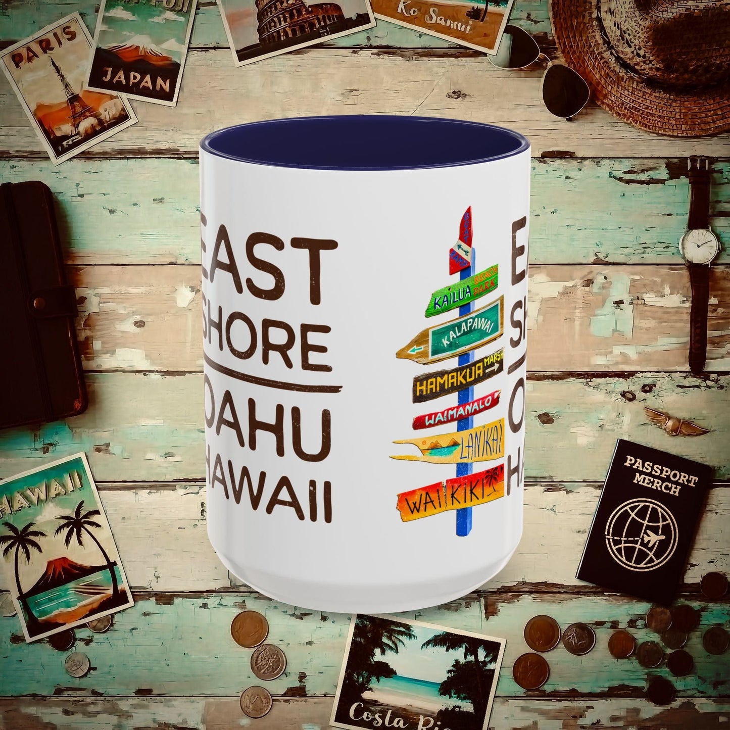 Signs of Wanderlust, East Shore, Oahu, Hawaii 15oz Mug Navy / 15oz