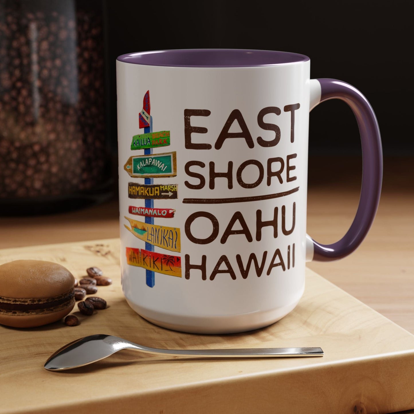 Signs of Wanderlust, East Shore, Oahu, Hawaii 15oz Mug Purple / 15oz