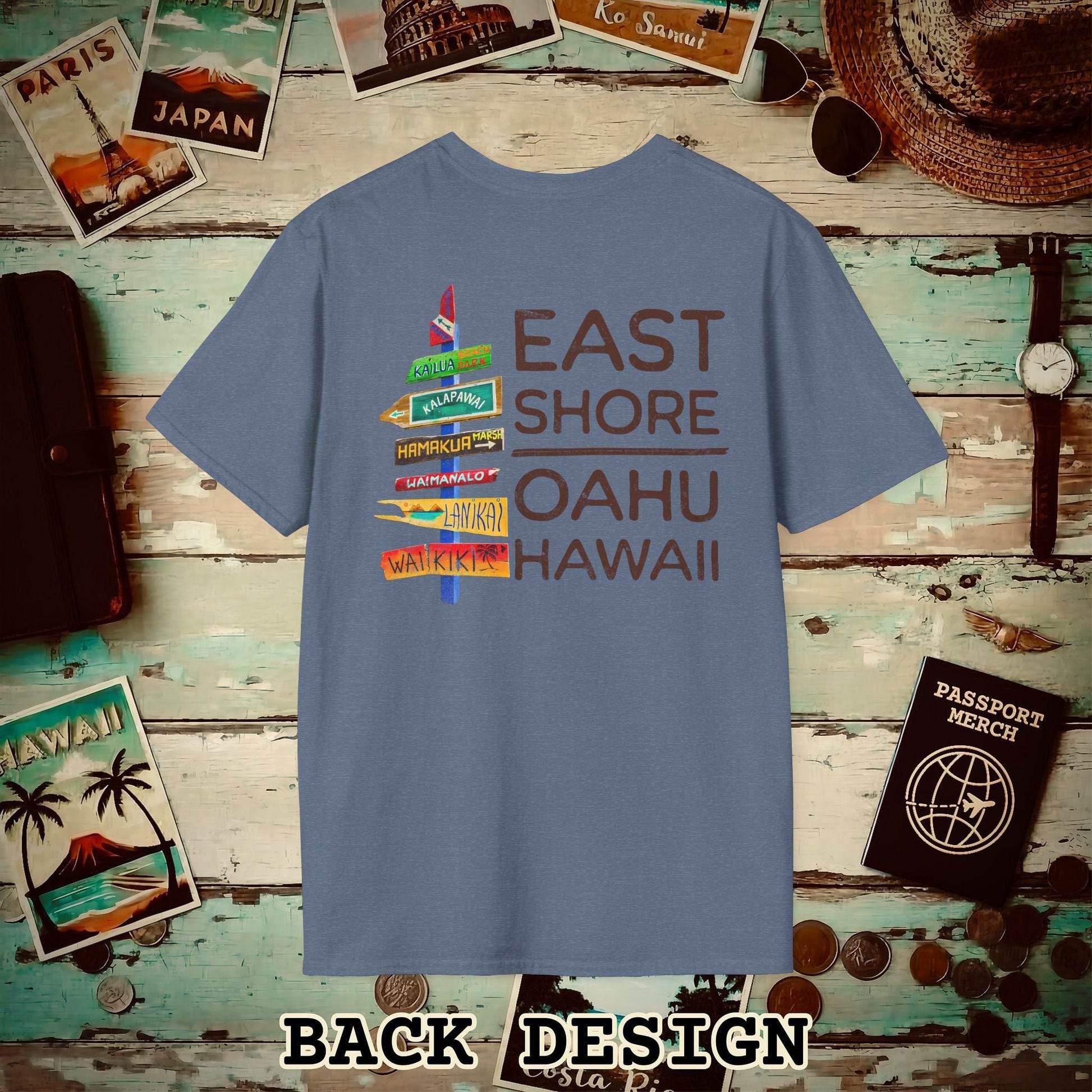 Signs of Wanderlust, East Shore, Oahu, Hawaii, Back Print T-Shirt Heather Indigo / S