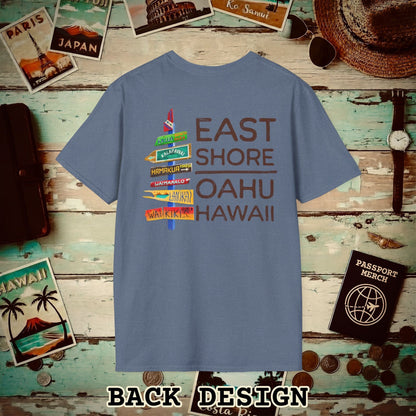 Signs of Wanderlust, East Shore, Oahu, Hawaii, Back Print T-Shirt Heather Indigo / S