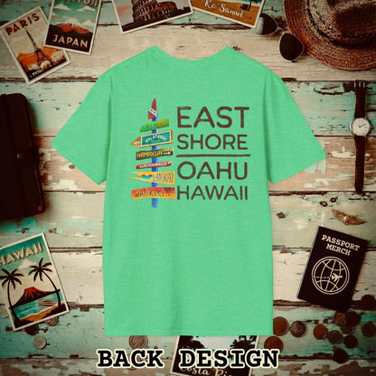 Signs of Wanderlust, East Shore, Oahu, Hawaii, Back Print T-Shirt Heather Irish Green / S