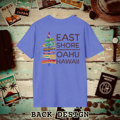 Signs of Wanderlust, East Shore, Oahu, Hawaii, Back Print T-Shirt Heather Royal / S