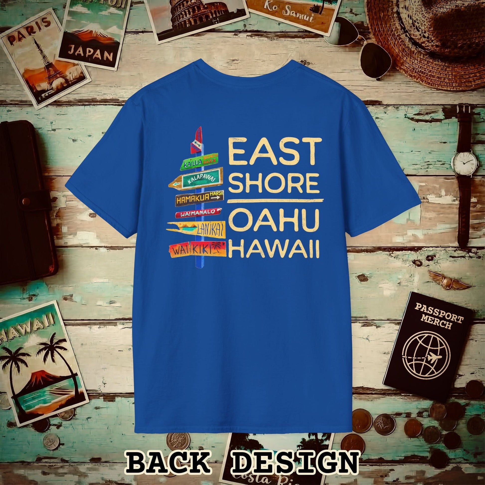 Signs of Wanderlust, East Shore, Oahu, Hawaii, Back Print T-Shirt Royal / S