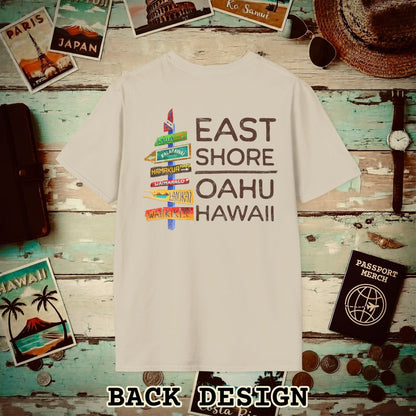 Signs of Wanderlust, East Shore, Oahu, Hawaii, Back Print T-Shirt Sand / S