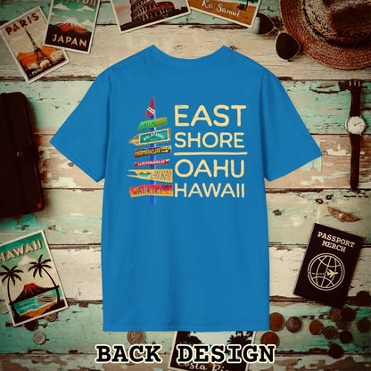 Signs of Wanderlust, East Shore, Oahu, Hawaii, Back Print T-Shirt Sapphire / S