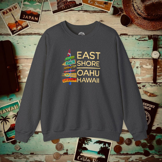 Signs of Wanderlust, East Shore, Oahu, Hawaii Crewneck Dark Heather / S