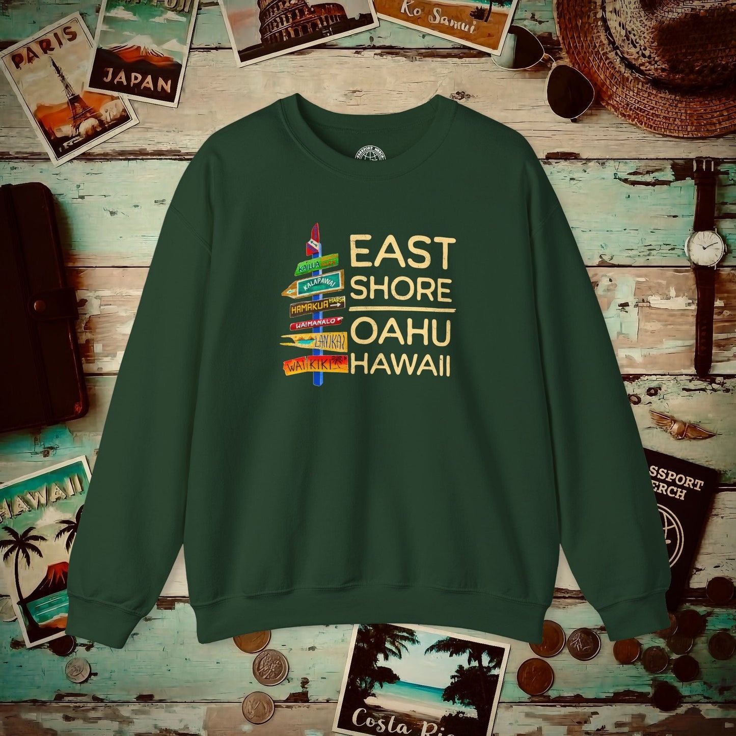 Signs of Wanderlust, East Shore, Oahu, Hawaii Crewneck Forest Green / S