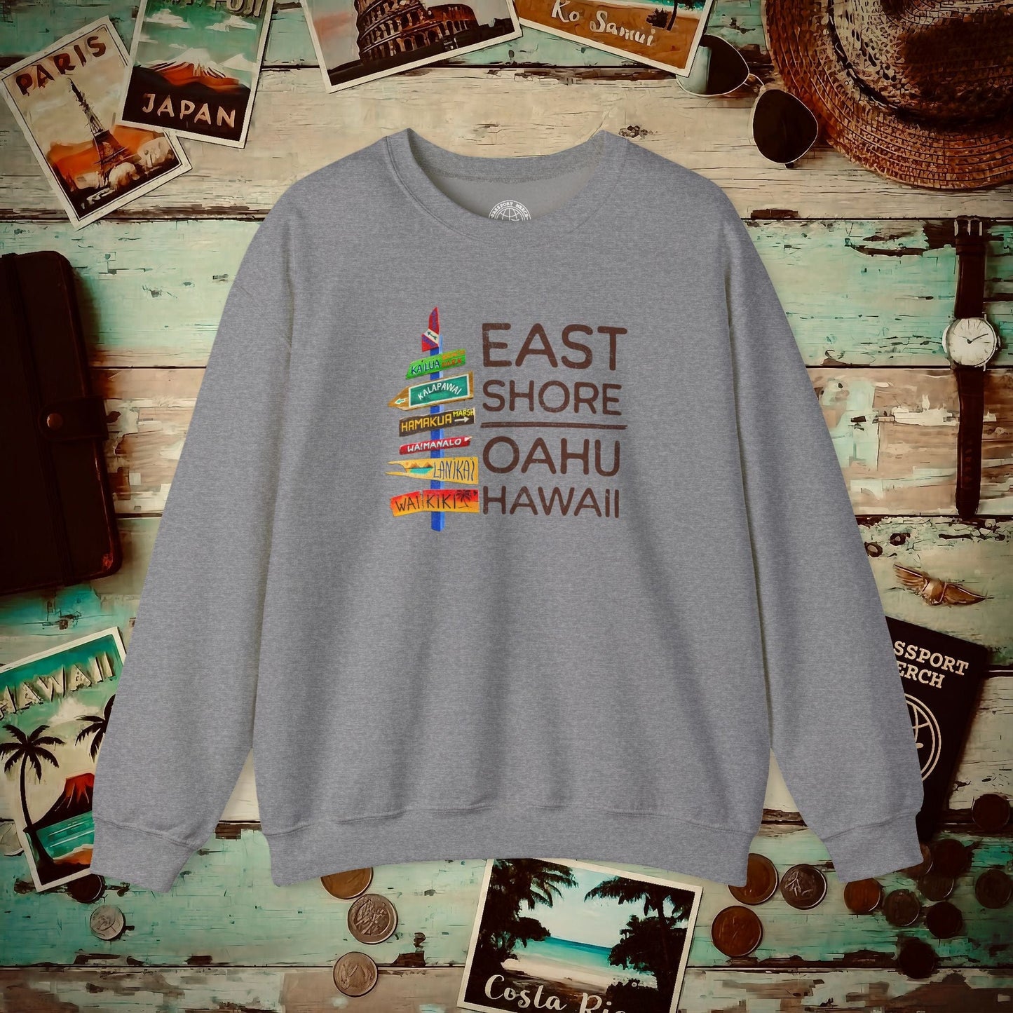 Signs of Wanderlust, East Shore, Oahu, Hawaii Crewneck Graphite Heather / S