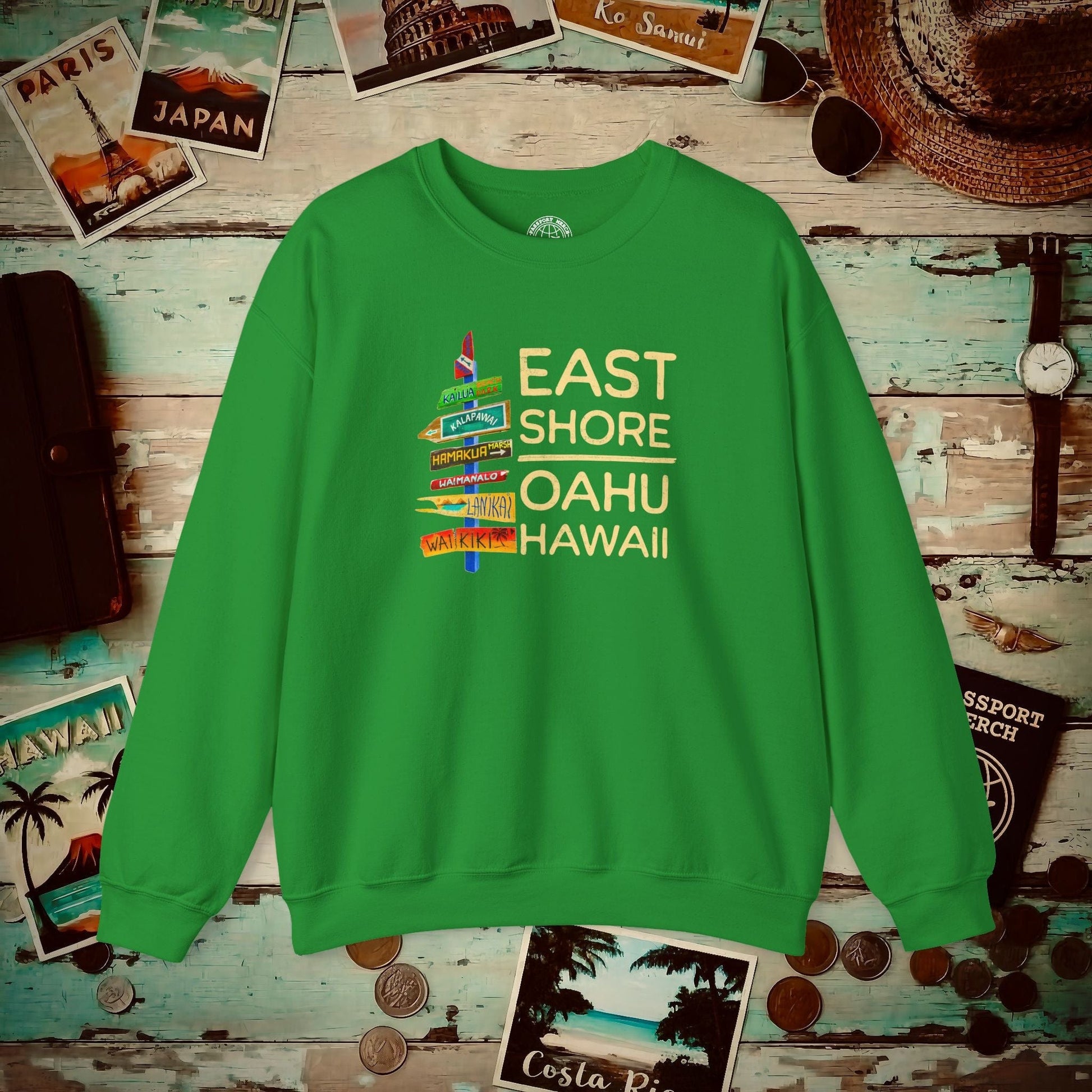 Signs of Wanderlust, East Shore, Oahu, Hawaii Crewneck Irish Green / S