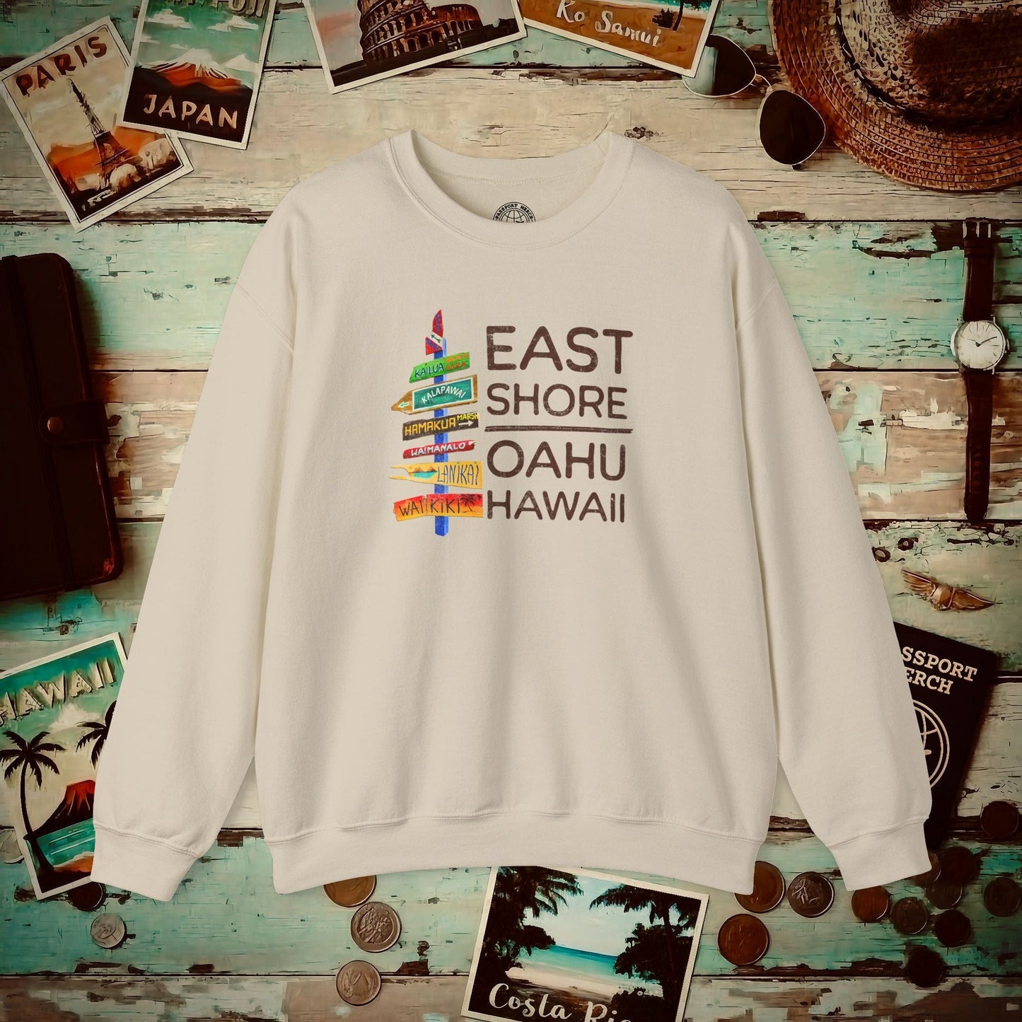 Signs of Wanderlust, East Shore, Oahu, Hawaii Crewneck Sand / S