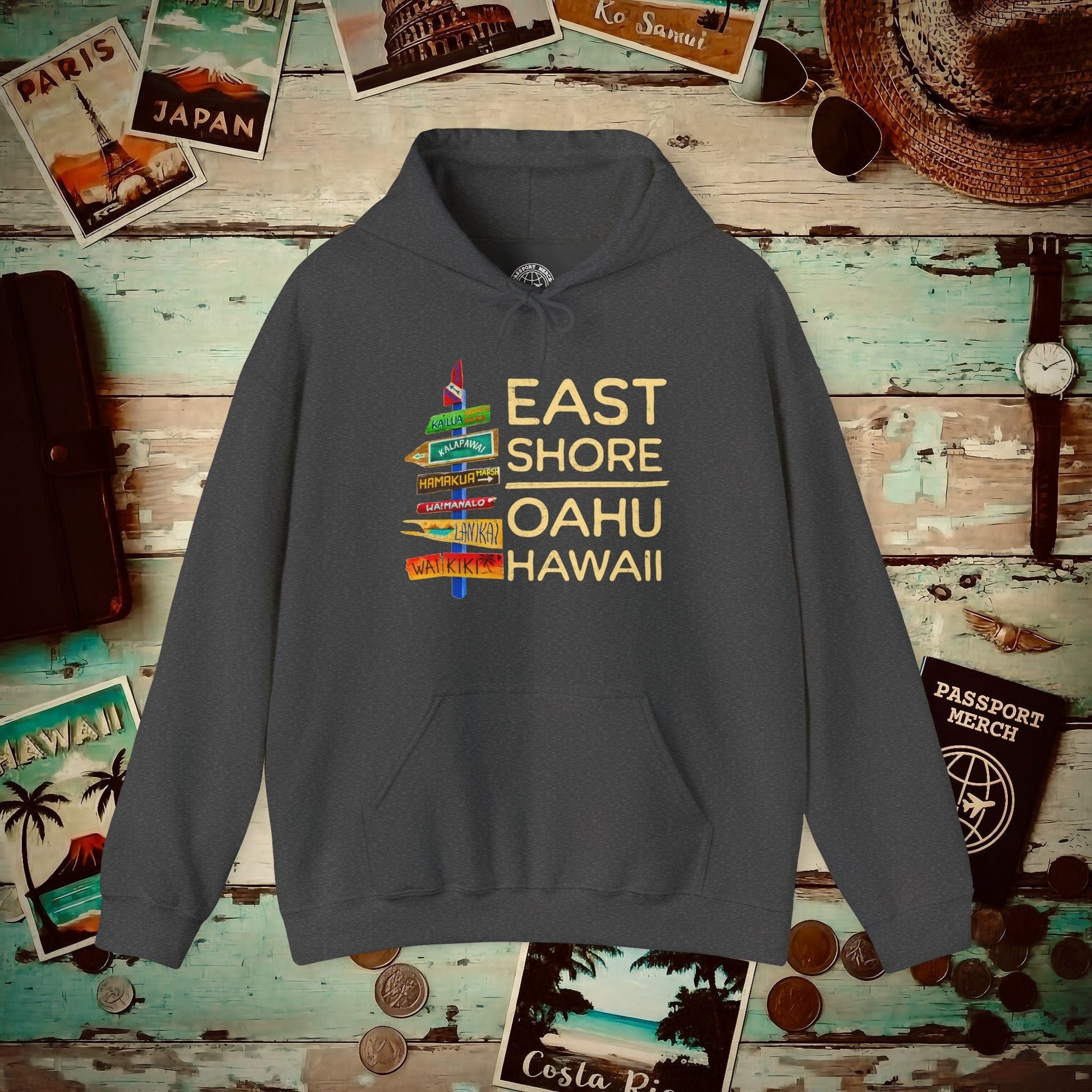 Signs of Wanderlust, East Shore, Oahu, Hawaii Hoodie Dark Heather / S