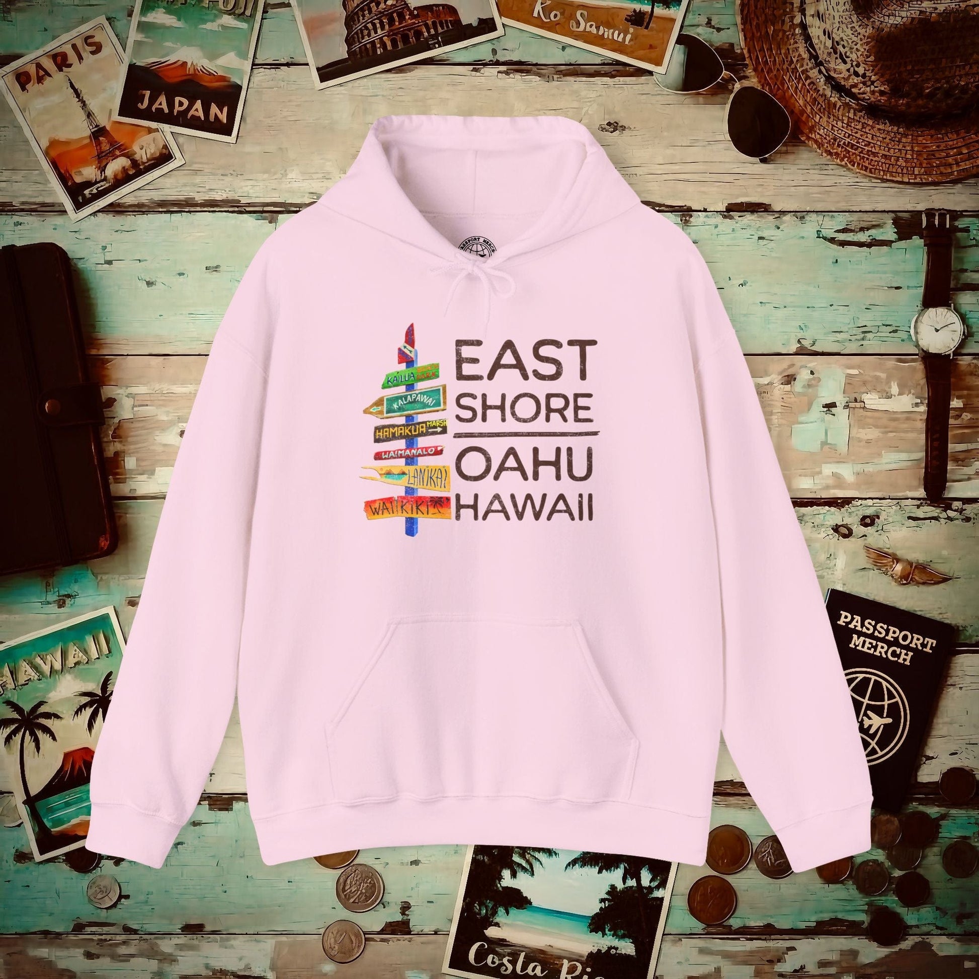 Signs of Wanderlust, East Shore, Oahu, Hawaii Hoodie Light Pink / S
