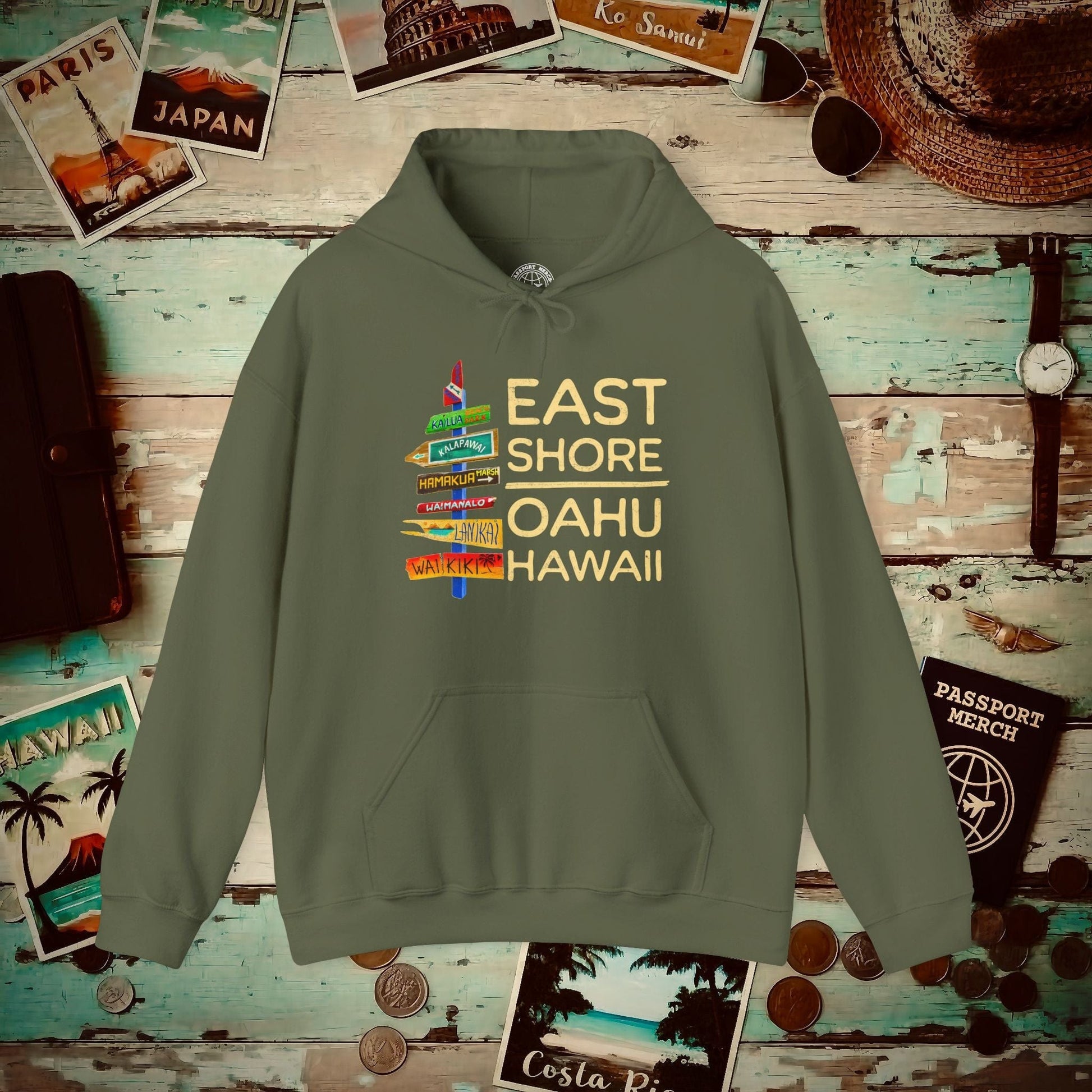 Signs of Wanderlust, East Shore, Oahu, Hawaii Hoodie Military Green / S
