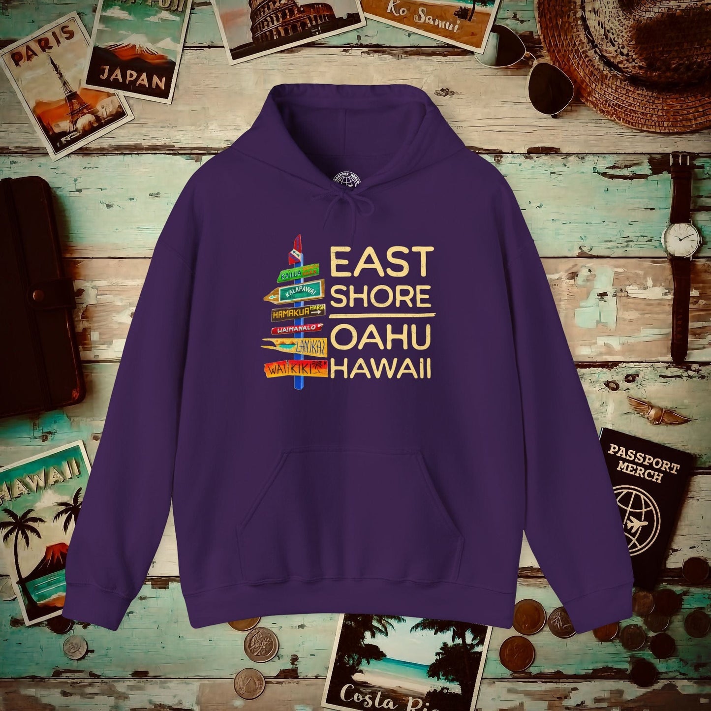 Signs of Wanderlust, East Shore, Oahu, Hawaii Hoodie Purple / S