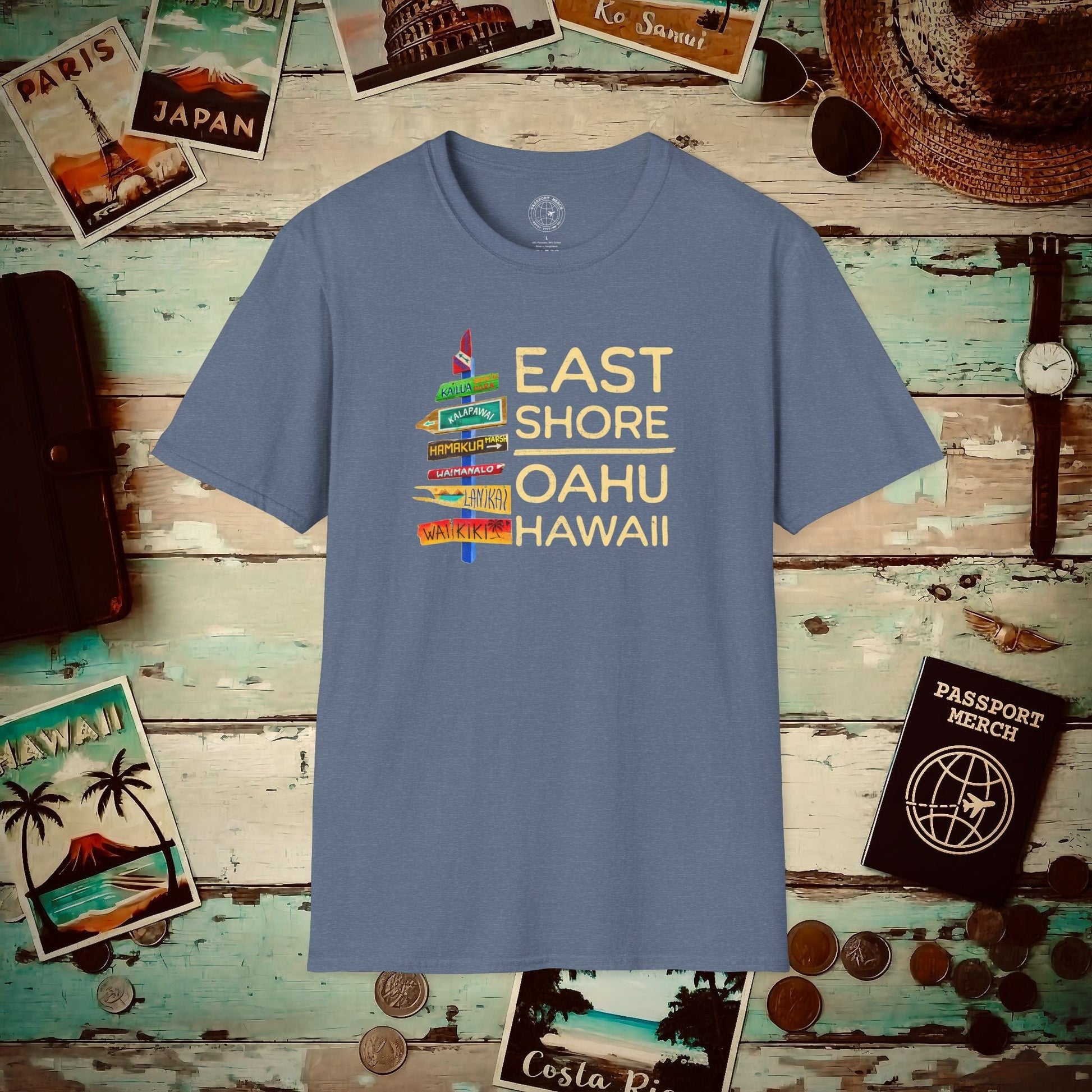Signs of Wanderlust, East Shore, Oahu, Hawaii T-Shirt Heather Indigo / S