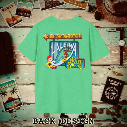 Signs of Wanderlust, Hale'iwa (North) Oahu, Hawaii Back Print T-Shirt Heather Irish Green / S