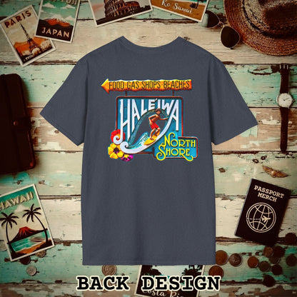 Signs of Wanderlust, Hale'iwa (North) Oahu, Hawaii Back Print T-Shirt Heather Navy / S