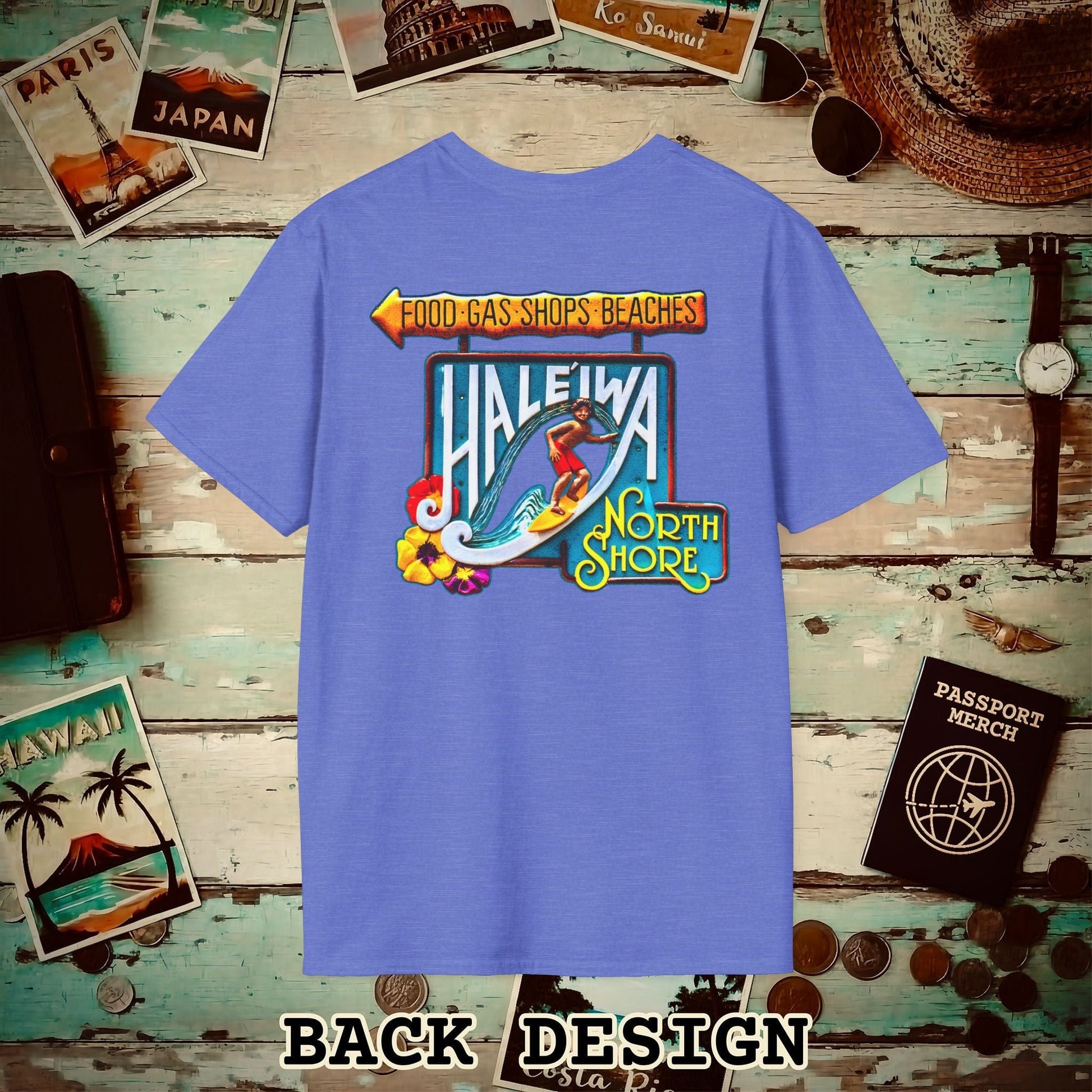 Signs of Wanderlust, Hale'iwa (North) Oahu, Hawaii Back Print T-Shirt Heather Royal / S