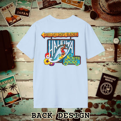 Signs of Wanderlust, Hale'iwa (North) Oahu, Hawaii Back Print T-Shirt Light Blue / S