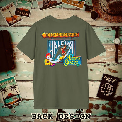 Signs of Wanderlust, Hale'iwa (North) Oahu, Hawaii Back Print T-Shirt Military Green / S