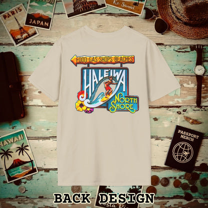Signs of Wanderlust, Hale'iwa (North) Oahu, Hawaii Back Print T-Shirt Sand / S