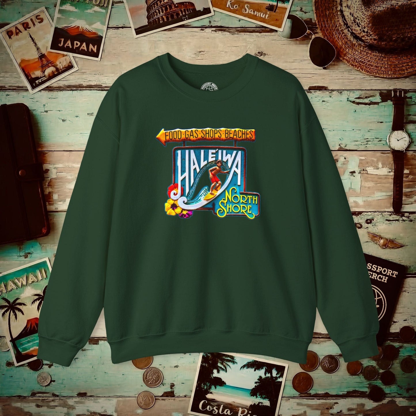 Signs of Wanderlust, Hale'iwa (North) Oahu, Hawaii Crewneck Forest Green / S