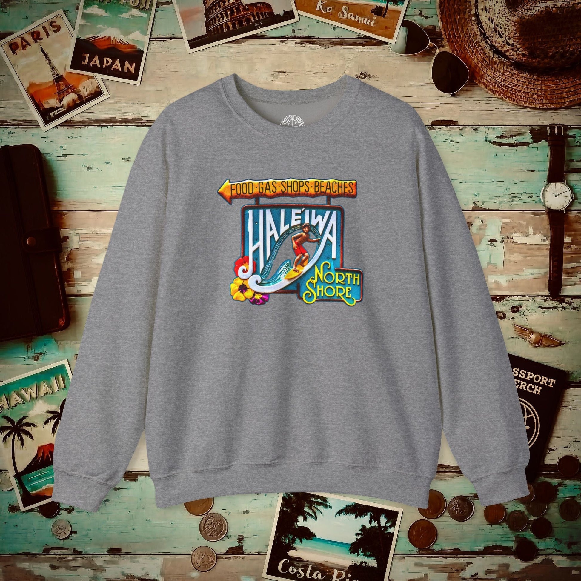 Signs of Wanderlust, Hale'iwa (North) Oahu, Hawaii Crewneck Graphite Heather / S