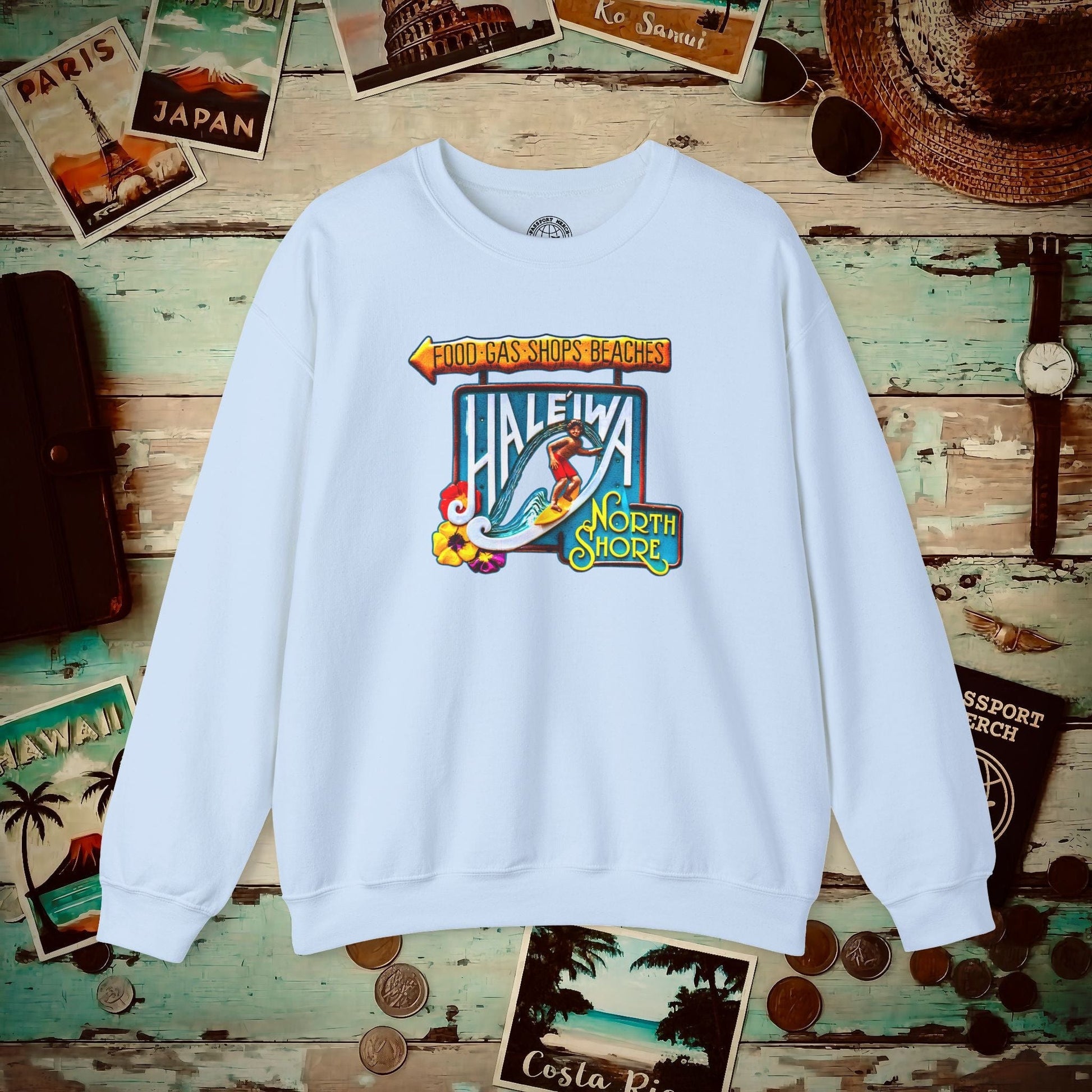 Signs of Wanderlust, Hale'iwa (North) Oahu, Hawaii Crewneck Light Blue / S