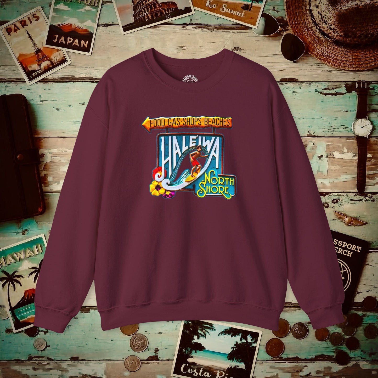 Signs of Wanderlust, Hale'iwa (North) Oahu, Hawaii Crewneck Maroon / S