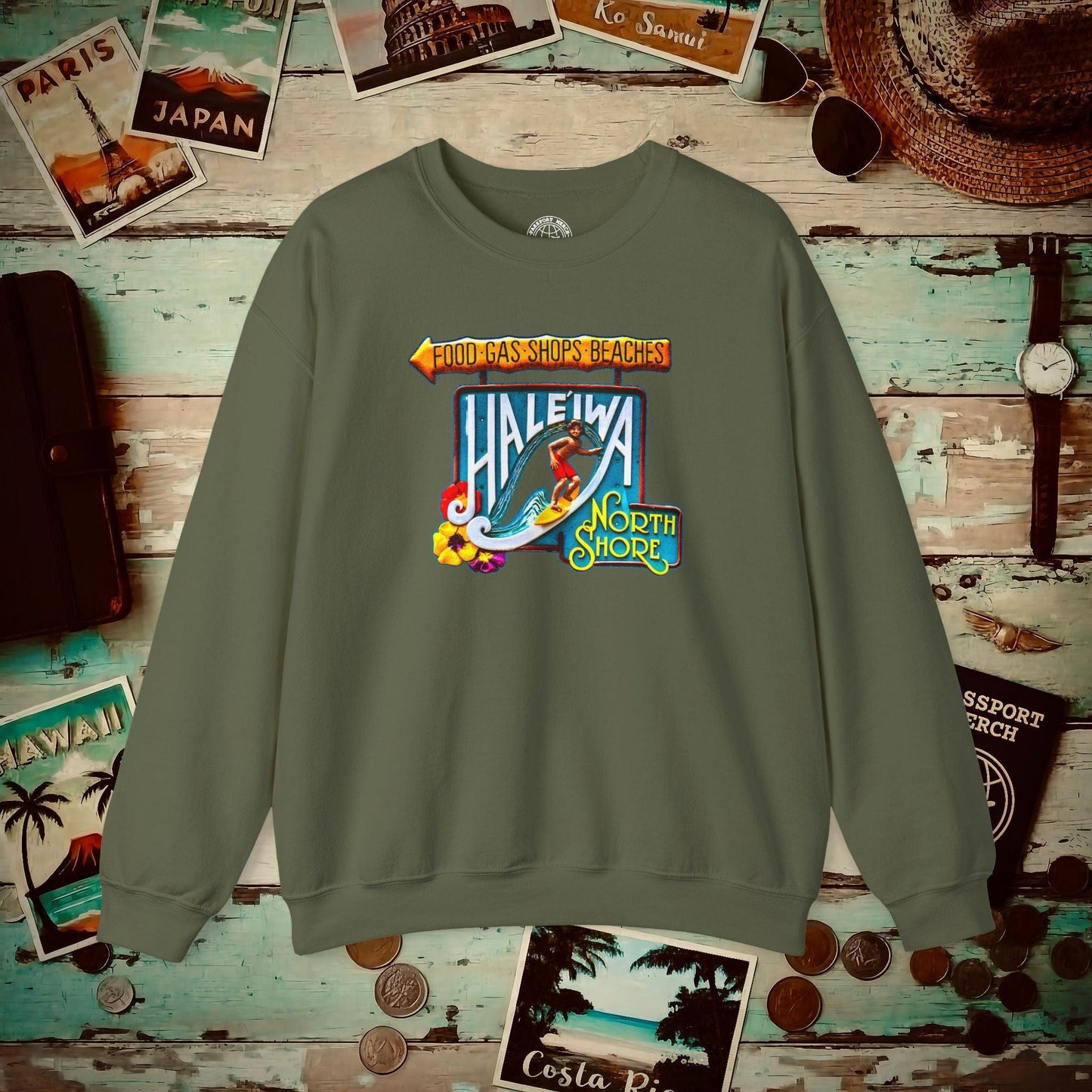 Signs of Wanderlust, Hale'iwa (North) Oahu, Hawaii Crewneck Military Green / S