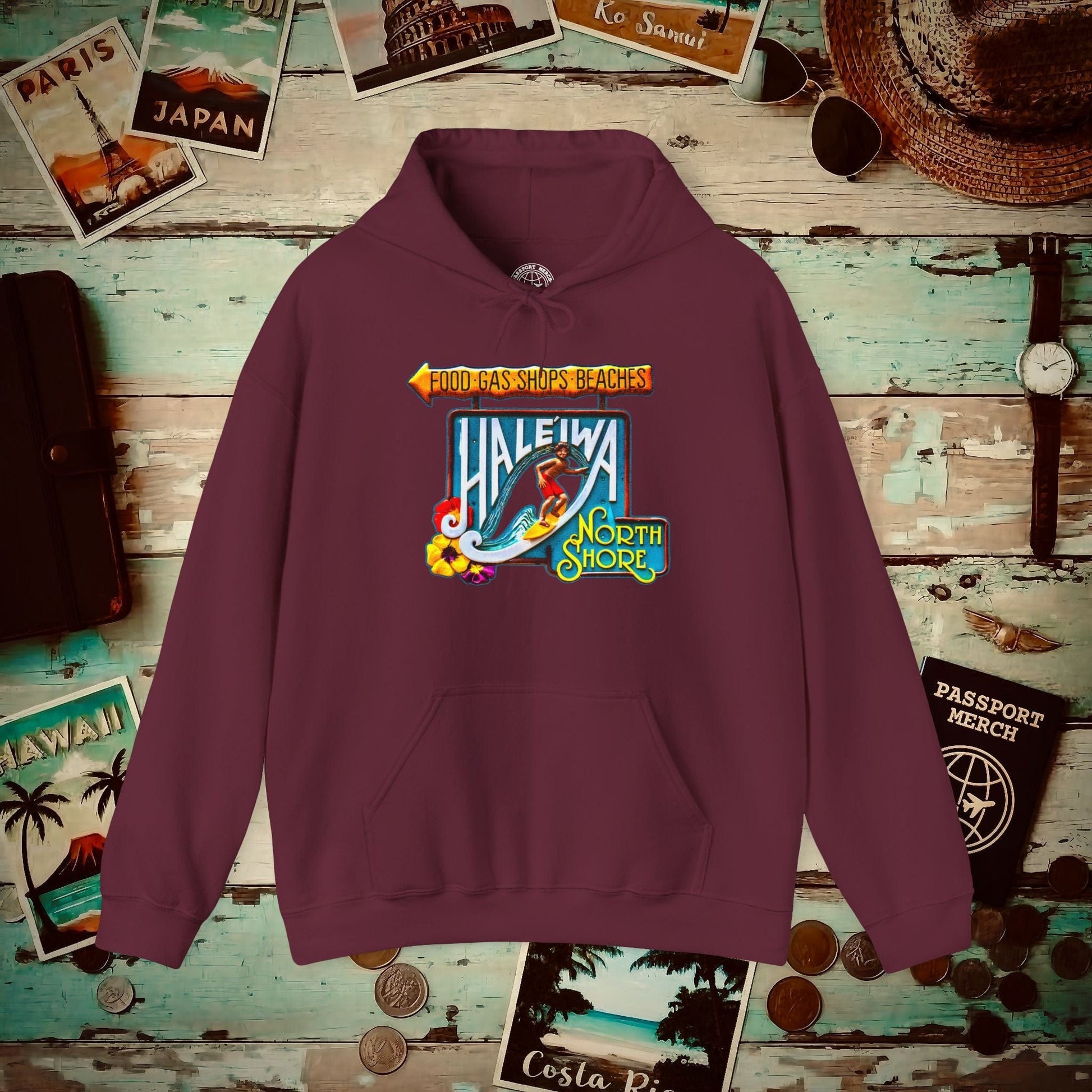 Signs of Wanderlust, Hale'iwa (North) Oahu, Hawaii Hoodie Maroon / S