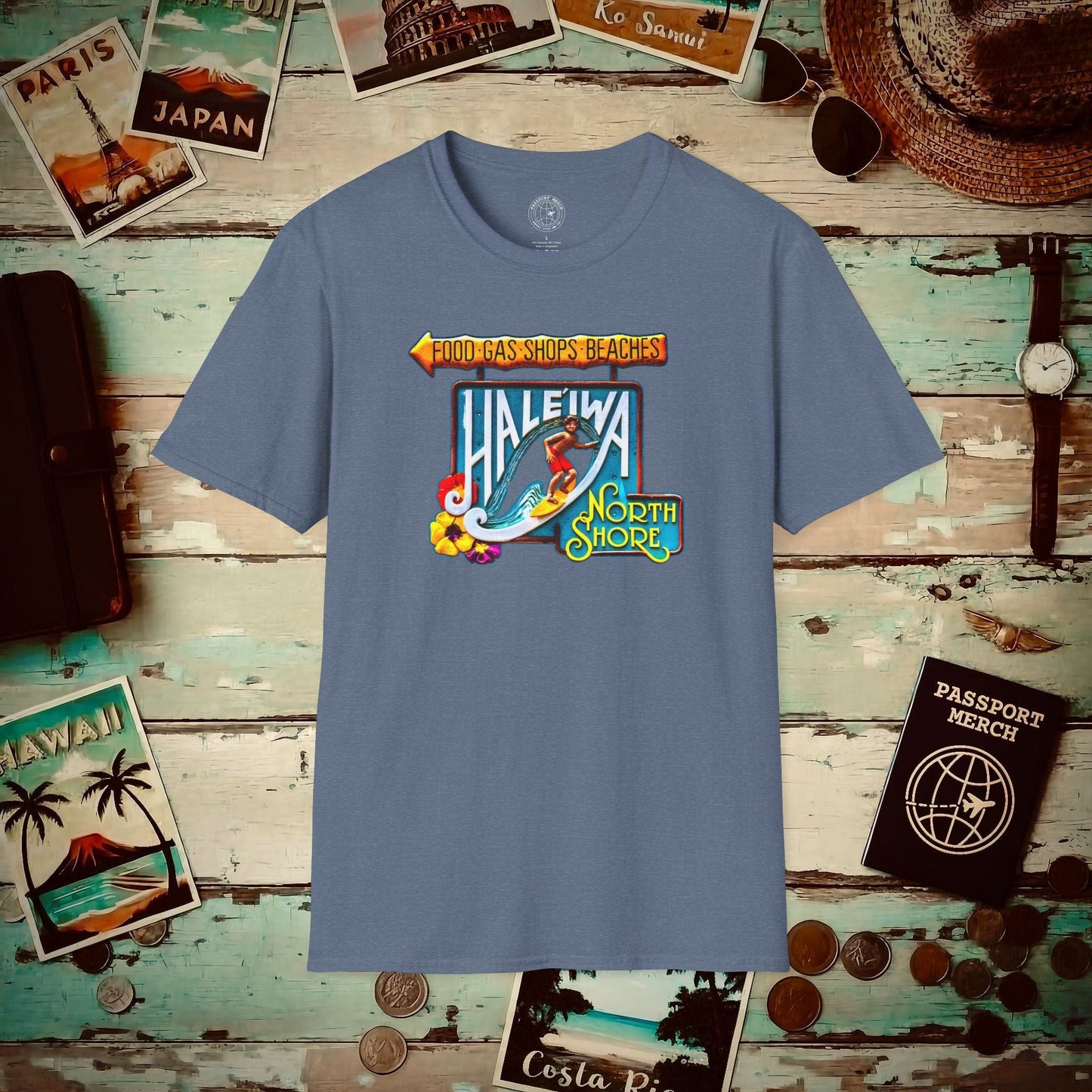 Signs of Wanderlust, Hale'iwa (North) Oahu, Hawaii T-Shirt Heather Indigo / S